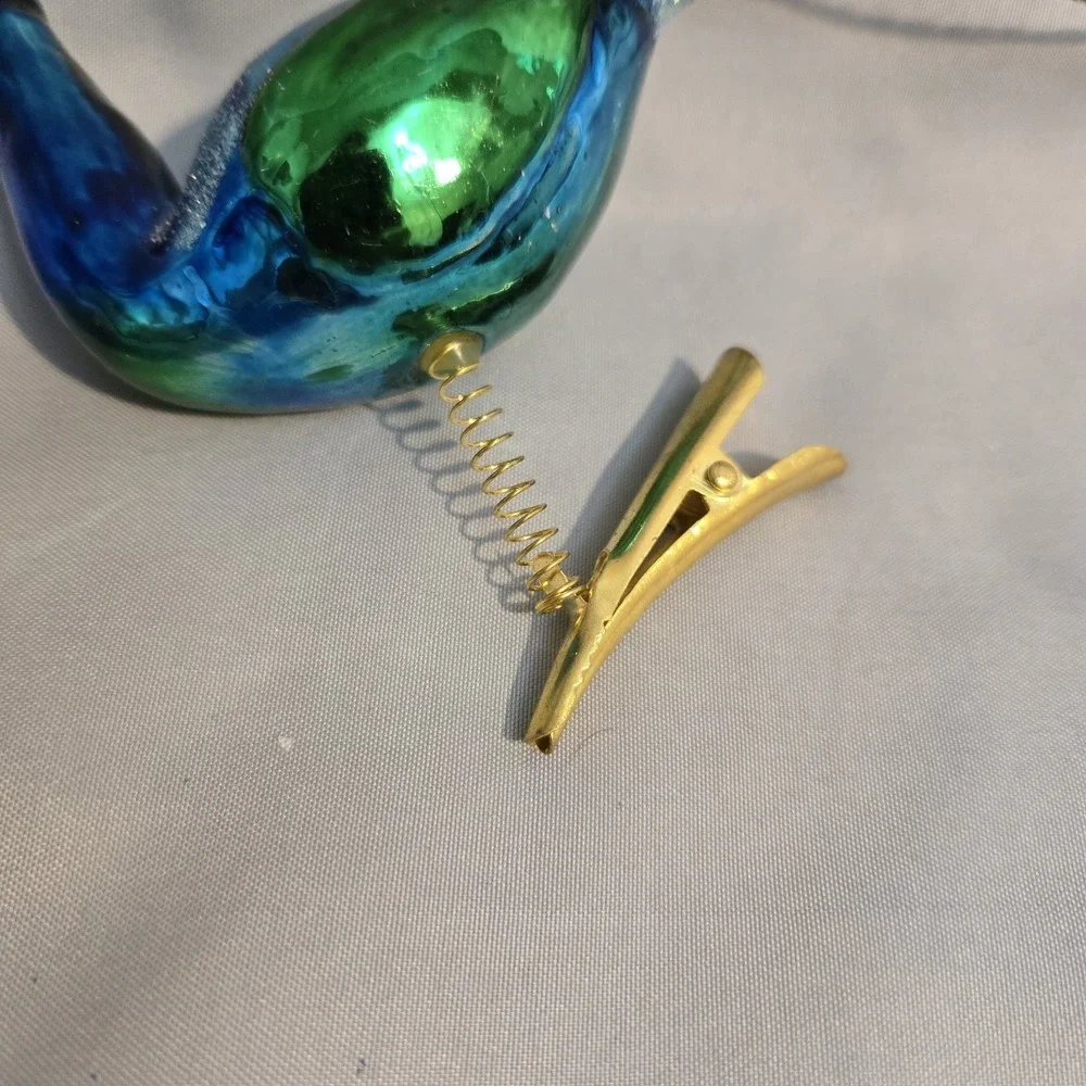 Glass Peacock Clip On Christmas Ornament Glitter Real Partial Tail Feather